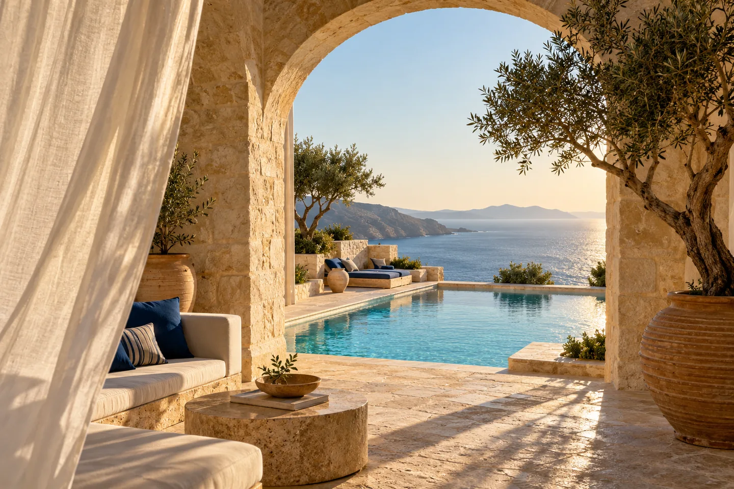 Illustrative coastal hotel courtyard with warm stone and blue water