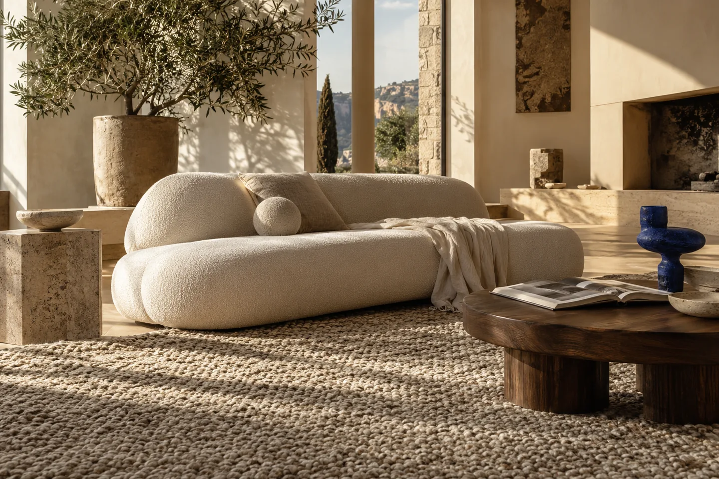 Illustrative sunlit interior with a textured rug and sculptural furniture